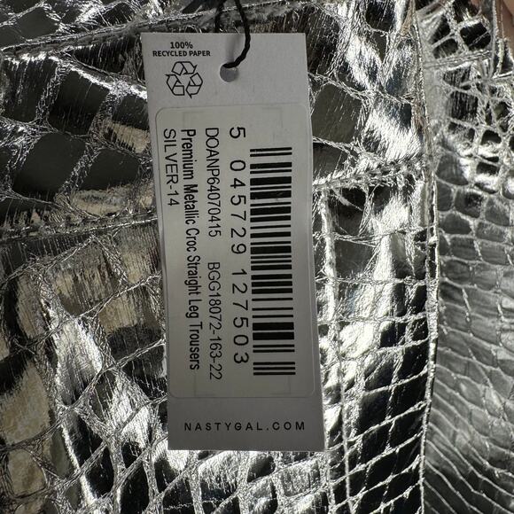 NWT NASTY GAL Premium Metallic Silver Croc Straight Leg Trousers 10 - Picture 5 of 5